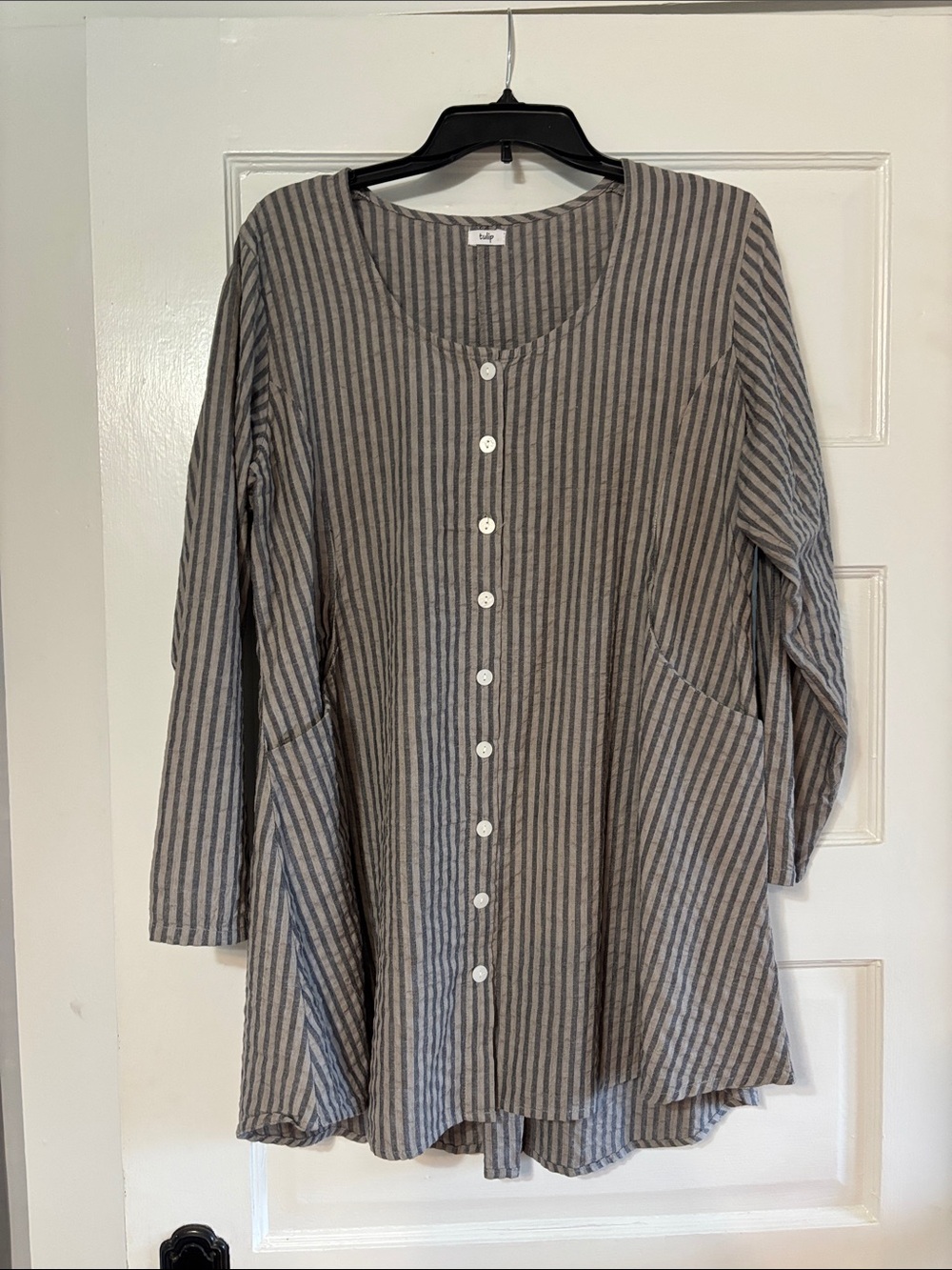 Soft Stripe Button-Front Tunic Top - Gray/White